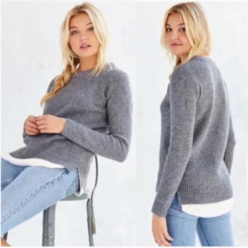 Unif x Urban Outfitters Grey Ribbed Crewneck Sweater Thick Cozy Pullover B163